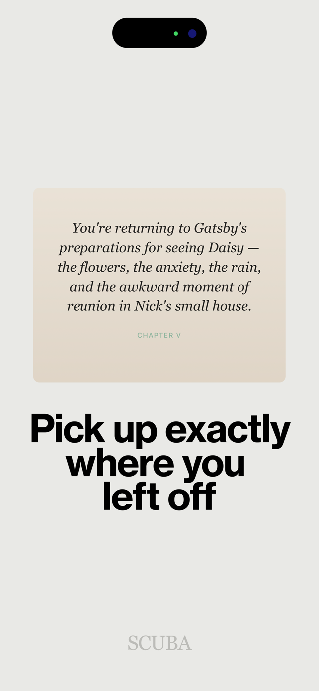 Scuba story recap screen: pick up exactly where you left off