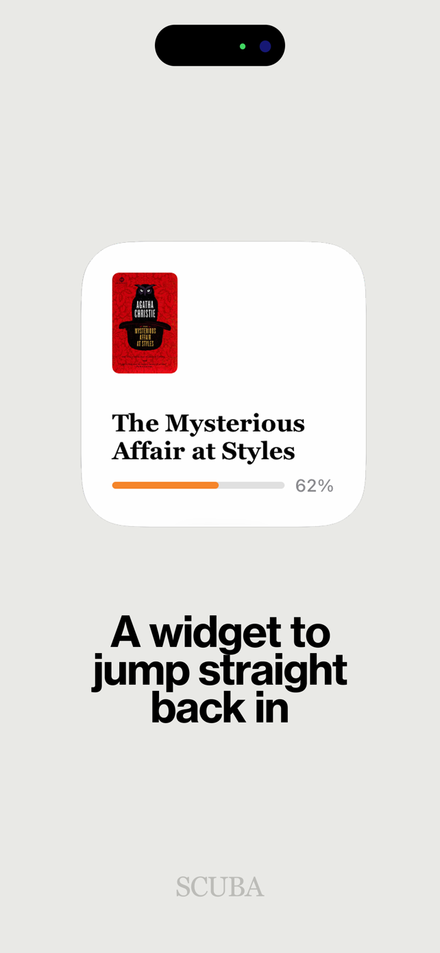 Scuba home screen widget showing current book and reading progress